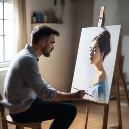 A man painting a portrait of a woman