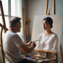 A man painting a portrait of a woman