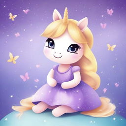 Create a cute and tender unicorn with blonde hair, wearing a purple dress, sitting happily