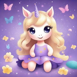 Create a cute and tender unicorn with blonde hair, wearing a purple dress, sitting happily