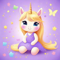 Create a cute and tender unicorn with blonde hair, wearing a purple dress, sitting happily