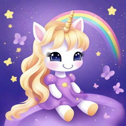 Create a cute and tender unicorn with blonde hair, wearing a purple dress, sitting happily