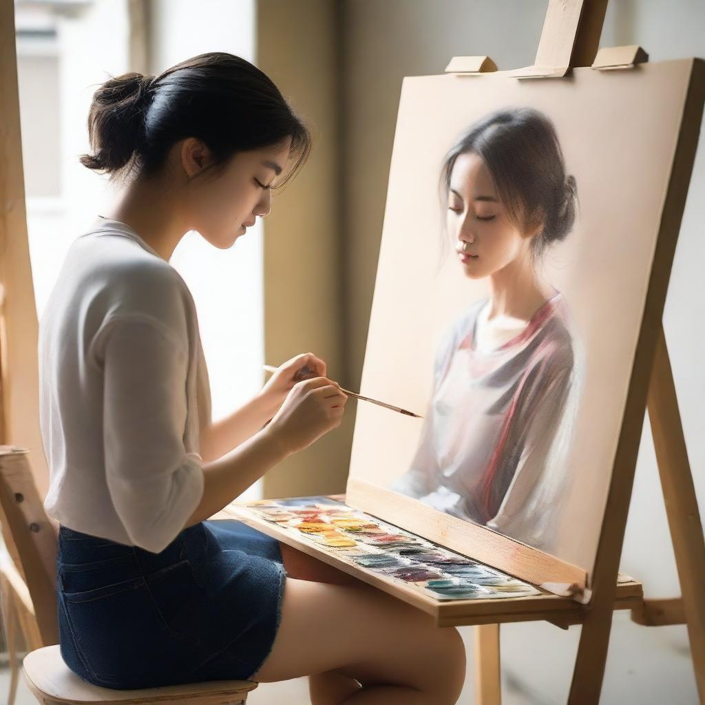 A university student painting a portrait of a girl