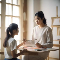 A university student painting a portrait of a girl