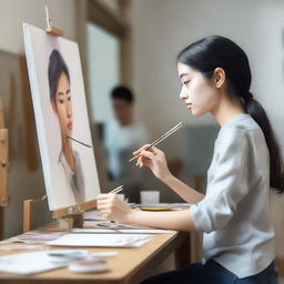 A university student painting a portrait of a girl