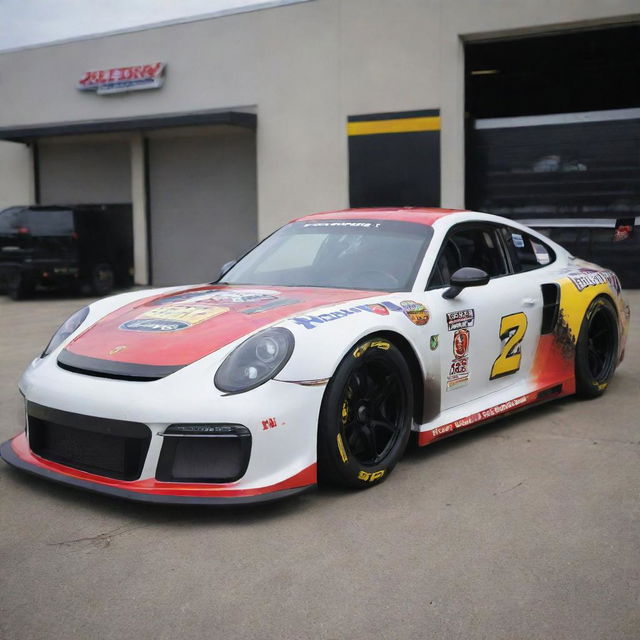 A Porsche transformed into a NASCAR version, showcasing dazzling colors, racing enhancements and adorned with sponsor decals.