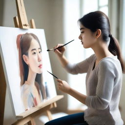 A university student painting a portrait of a girl