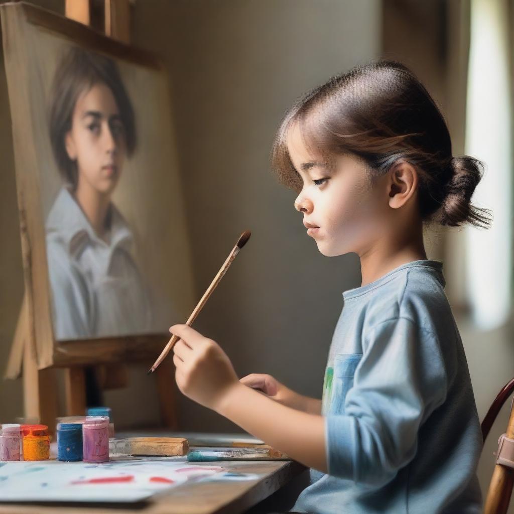 A young boy painting a portrait of a girl