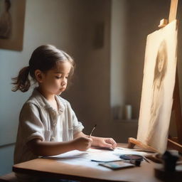 A young boy painting a portrait of a girl