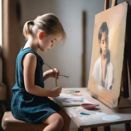 A young boy painting a portrait of a girl