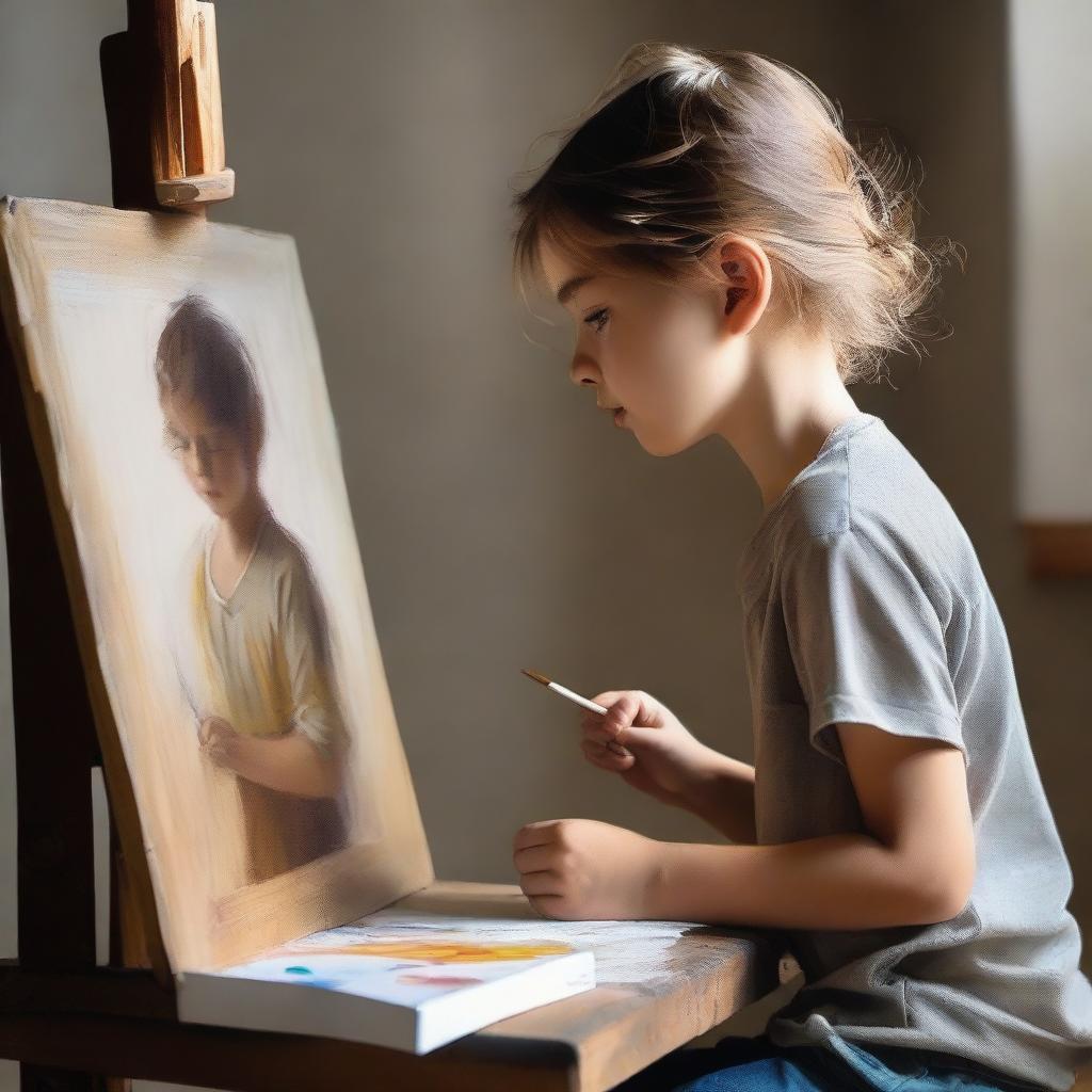 A young boy painting a portrait of a girl