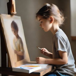 A young boy painting a portrait of a girl