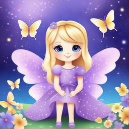 Create a cute and tender butterfly with blonde hair, wearing a purple dress, sitting happily