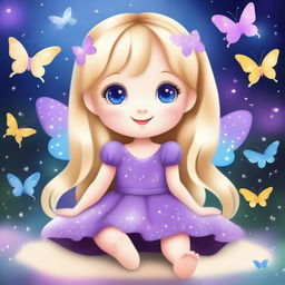 Create a cute and tender butterfly with blonde hair, wearing a purple dress, sitting happily