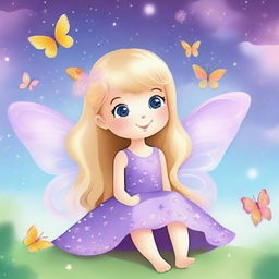 Create a cute and tender butterfly with blonde hair, wearing a purple dress, sitting happily