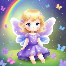 Create a cute and tender butterfly with blonde hair, wearing a purple dress, sitting happily