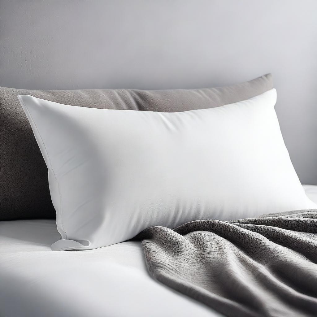 A soft, fluffy pillow with a white cover, resting on a cozy bed