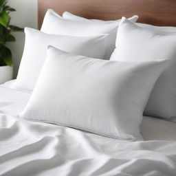 A soft, fluffy pillow with a white cover, resting on a cozy bed