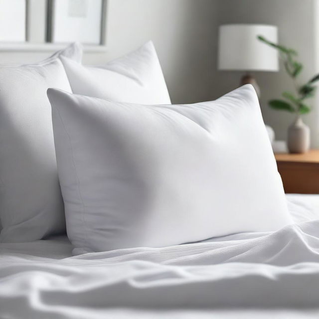 A soft, fluffy pillow with a white cover, resting on a cozy bed