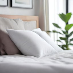 A soft, fluffy pillow with a white cover, resting on a cozy bed