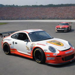 A Porsche transformed into a NASCAR version, showcasing dazzling colors, racing enhancements and adorned with sponsor decals.