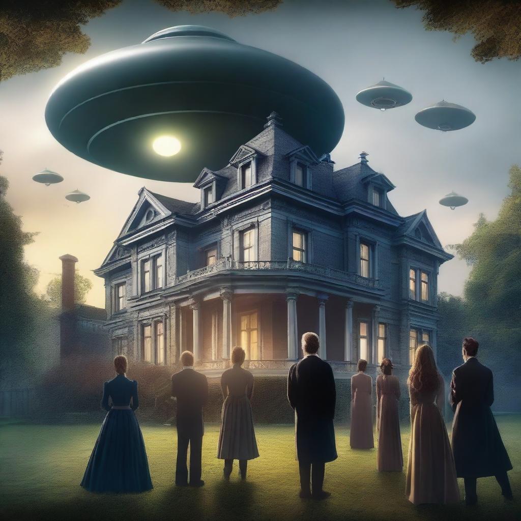 A grand Victorian mansion with large UFOs hovering in the skies above