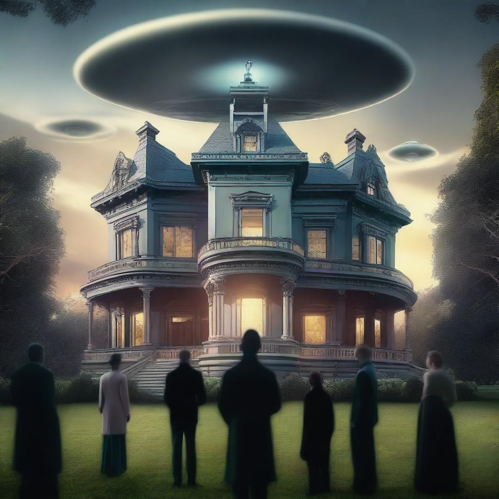 A grand Victorian mansion with large UFOs hovering in the skies above