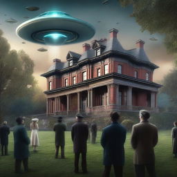 A grand Victorian mansion with large UFOs hovering in the skies above