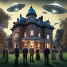 A grand Victorian mansion with large UFOs hovering in the skies above