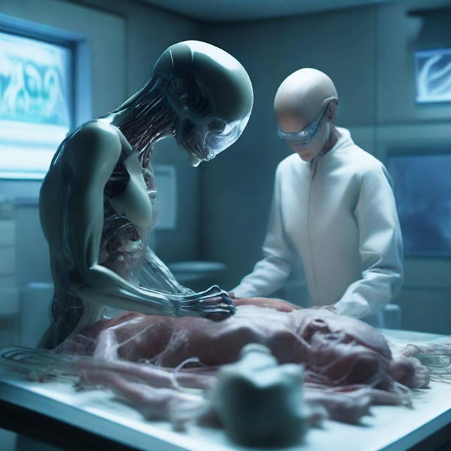 A detailed scene showing an alien performing an autopsy on a live human