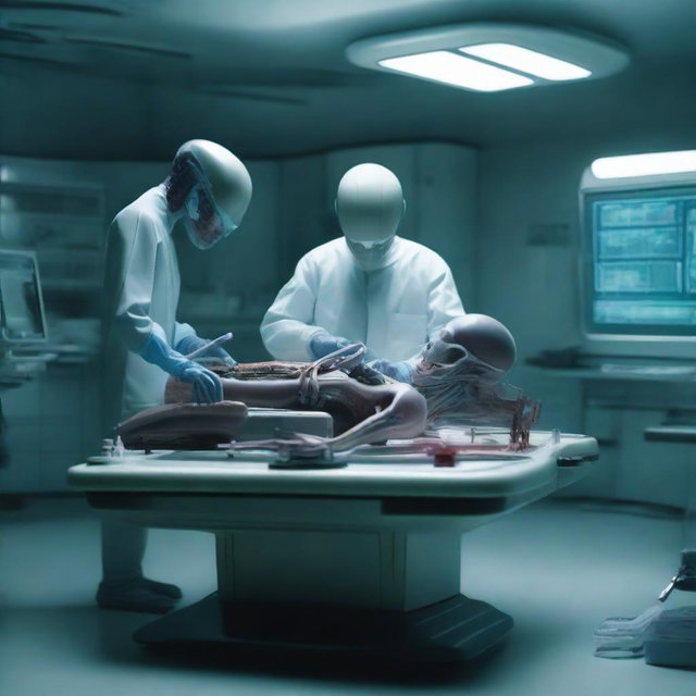 A detailed scene showing an alien performing an autopsy on a live human
