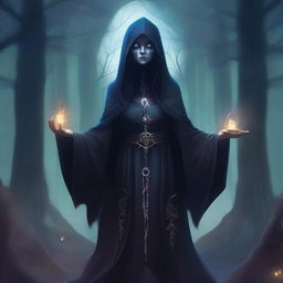 A detailed illustration of a female necromancer, dressed in dark, mystical robes with arcane symbols