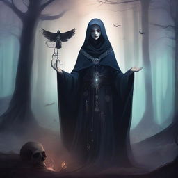 A detailed illustration of a female necromancer, dressed in dark, mystical robes with arcane symbols