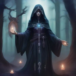 A detailed illustration of a female necromancer, dressed in dark, mystical robes with arcane symbols