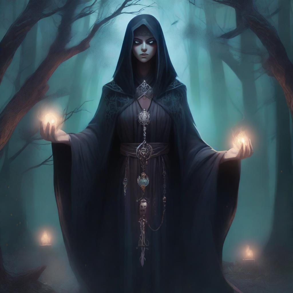 A detailed illustration of a female necromancer, dressed in dark, mystical robes with arcane symbols