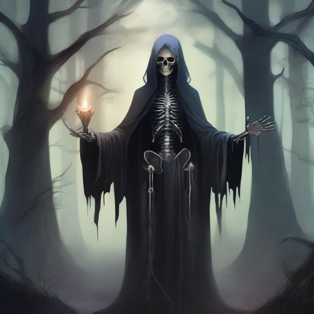 A detailed illustration of a female undead necromancer, with skeletal features and tattered, dark robes adorned with arcane symbols