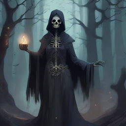 A detailed illustration of a female undead necromancer, with skeletal features and tattered, dark robes adorned with arcane symbols