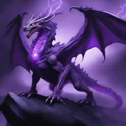 A detailed illustration of a bone dragon, its skeletal structure illuminated by eerie purple flames