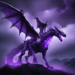 A detailed illustration of a bone dragon, its skeletal structure illuminated by eerie purple flames