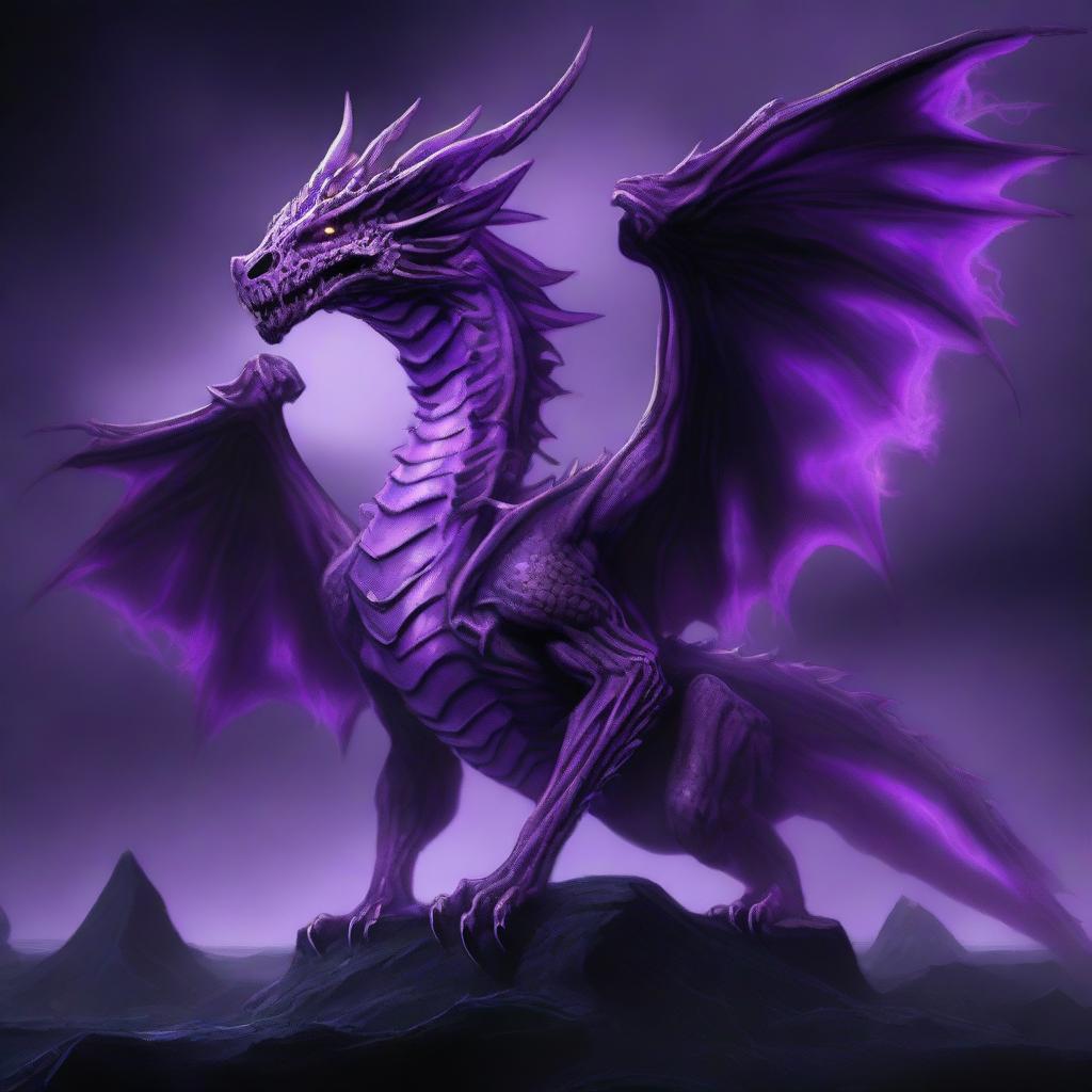 A detailed illustration of a bone dragon, its skeletal structure illuminated by eerie purple flames