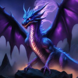 A detailed illustration of a dragon similar to Syndragosa, with a skeletal structure and icy blue scales, but instead of blue, it is engulfed in eerie purple flames