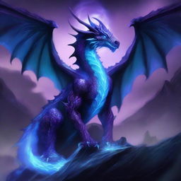 A detailed illustration of a dragon similar to Syndragosa, with a skeletal structure and icy blue scales, but instead of blue, it is engulfed in eerie purple flames