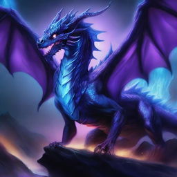 A detailed illustration of a dragon similar to Syndragosa, with a skeletal structure and icy blue scales, but instead of blue, it is engulfed in eerie purple flames