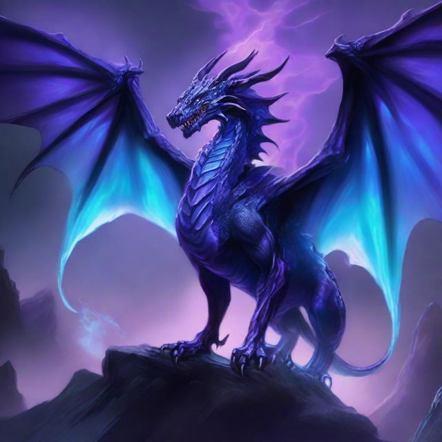 A detailed illustration of a dragon similar to Syndragosa, with a skeletal structure and icy blue scales, but instead of blue, it is engulfed in eerie purple flames