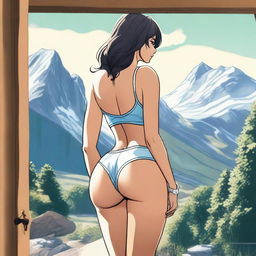 A woman with a bubble butt wearing booty shorts and underwear stands in a doorway, making eye contact with sexy eyes