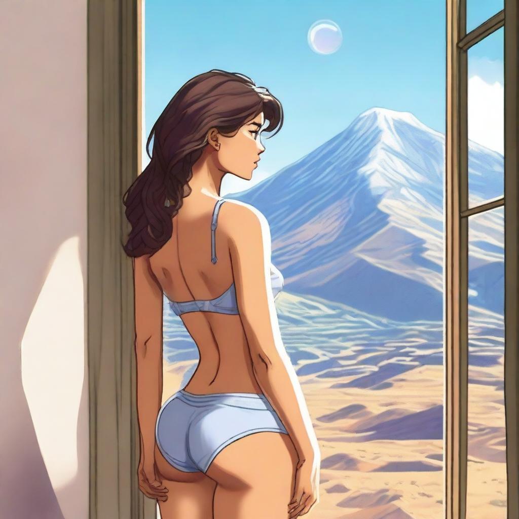 A woman with a bubble butt wearing booty shorts and underwear stands in a doorway, making eye contact with sexy eyes