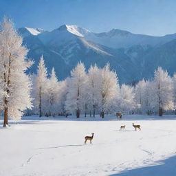 A vivid image of a serene alpine landscape, the brilliant sunshine casting warm hues over the vibrant, untouched snow, with a family of deer grazing peacefully in the foreground.