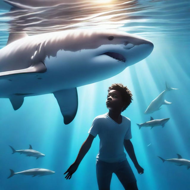 A dark-skinned teenage boy with psychic powers is swimming underwater alongside a great white shark