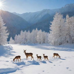 A vivid image of a serene alpine landscape, the brilliant sunshine casting warm hues over the vibrant, untouched snow, with a family of deer grazing peacefully in the foreground.