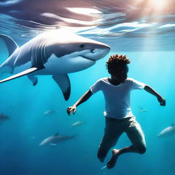 A dark-skinned teenage boy with psychic powers is swimming underwater alongside a great white shark